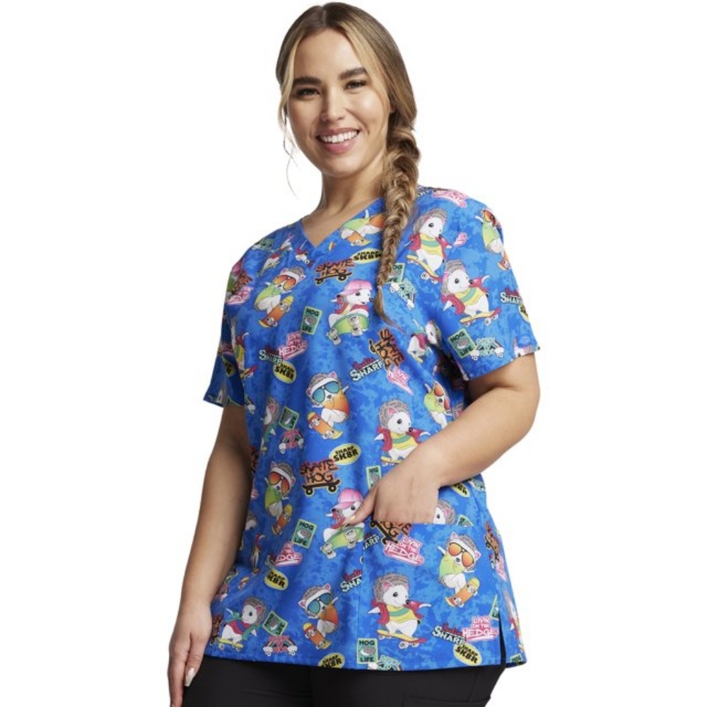 NWT Dickies XL Scrub Top  "Living on the Hedge" colorful V-Neck Print